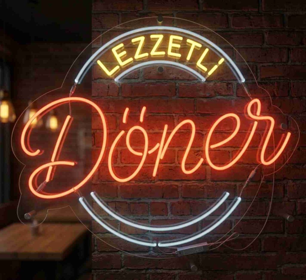 Dönercilerin iç mekanda ilgi çekici görseller için kullandığı neon tabela. İstenirse Soslu Dönerde Yapılabilir.